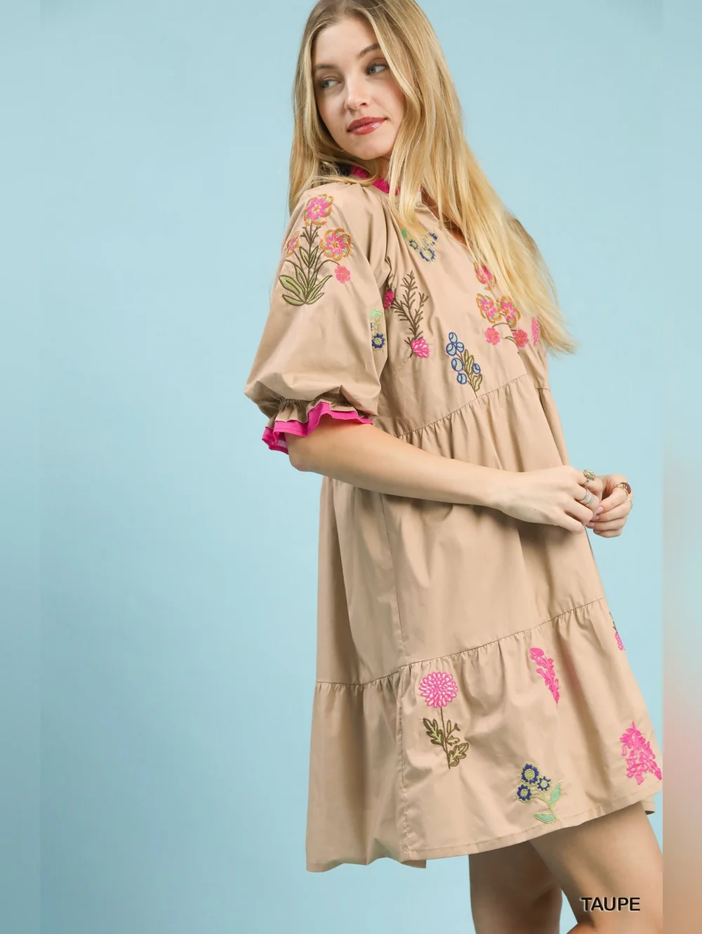 Umgee Embroidered Floral Tiered Babydoll Dress - Picture 2 of 6